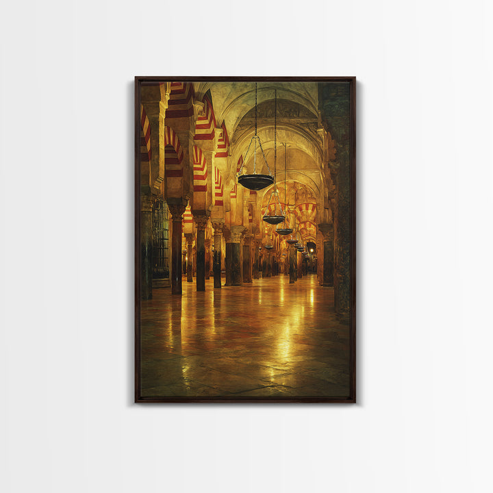 Golden Mosque Interior Glowing Warm Light Framed Canvas Islamic Wall Art Traditional Architecture Home Decor