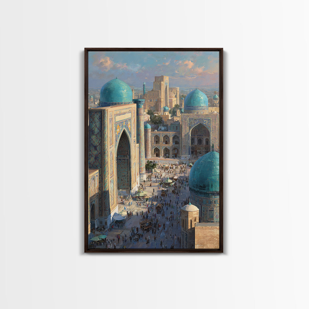 Sunlit Oriental Market Street With Blue Domed Buildings Painting Wall Art Framed Canvas Print