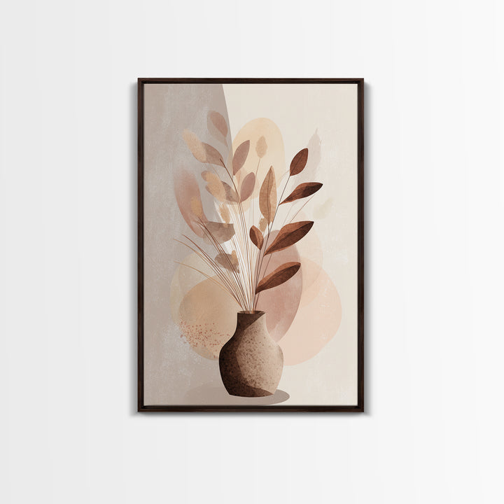 Neutral Botanical Vase With Soft Abstract Leaves Framed Canvas Print, Minimalist Wall Art, Japandi Decor, Modern Home Decor