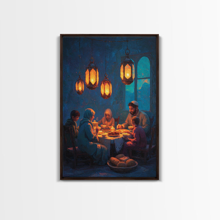 Warm Family Dinner Scene Oil Painting Inspired Wall Art Framed Canvas Print For Cozy Home Decor Gift For Loved Ones