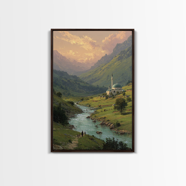 Peaceful Mountain Village With Flowing River Landscape Oil Painting Canvas Print For Nature Lovers And Tranquil Wall Decor