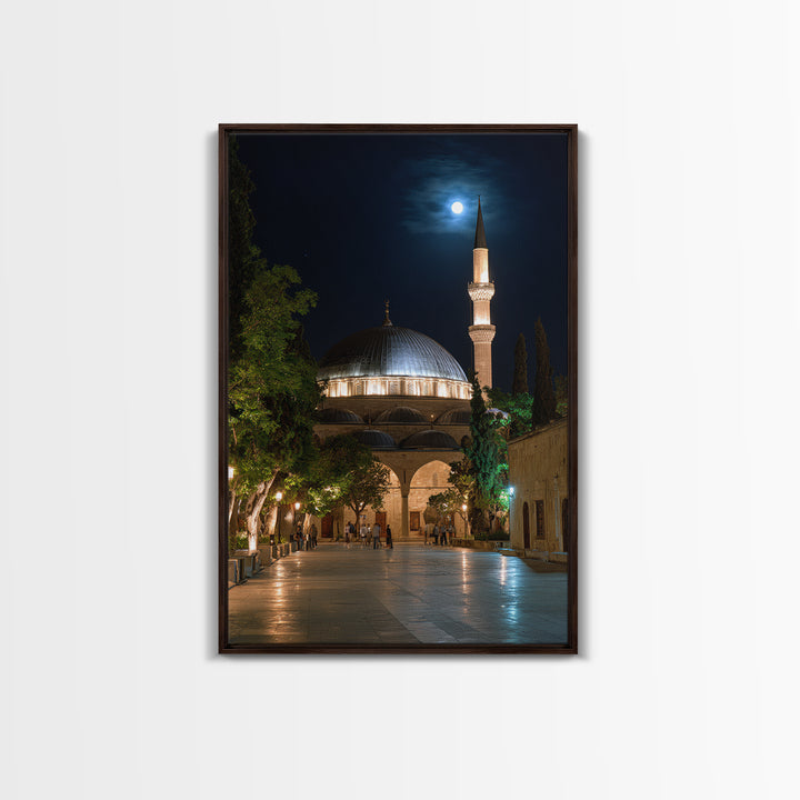 Nighttime Mosque With Illuminated Minaret Photography Wall Art Framed Canvas Print Spiritual Home Decor
