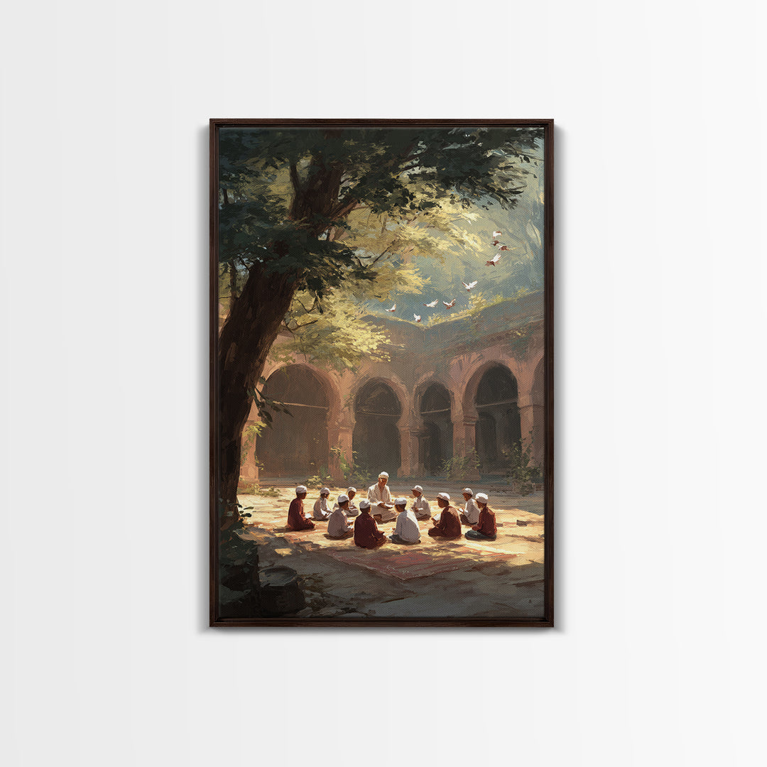 Golden Doves In Sunlit Forest Scenic Nature Painting Framed Canvas Print Rustic Cozy Wall Art For Home