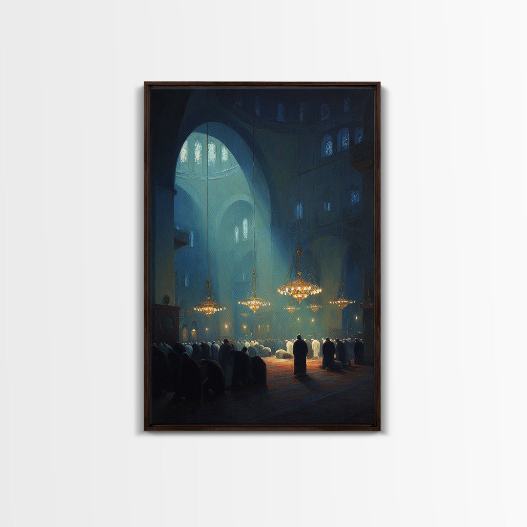 Spiritual Worship Scene Inside Cathedral With Light Beams And Congregation Modern Wall Art Canvas Print For Living Room Décor