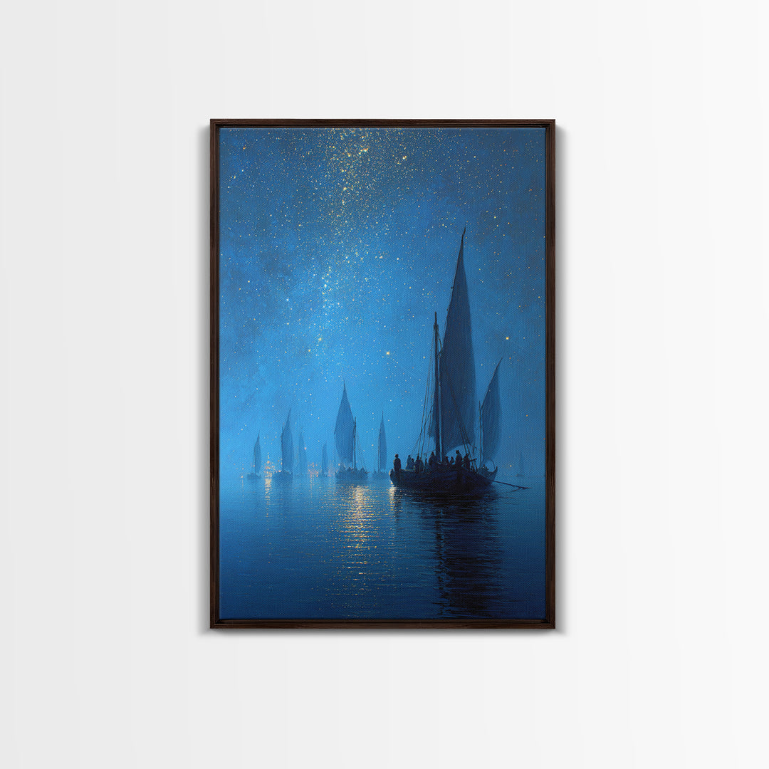 Starry Night Sailboat Scene With Glittering Sky And Calm Water - Modern Wall Art For Living Room Decor