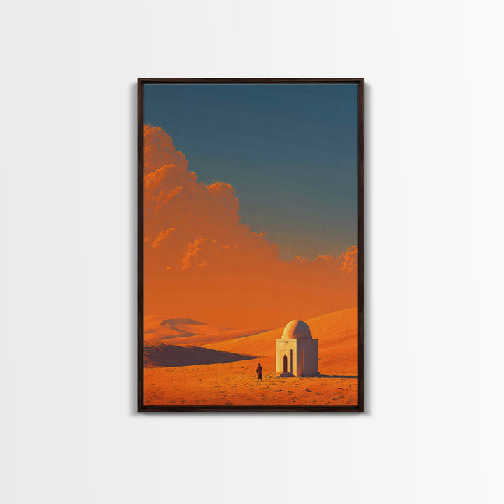 Desert Landscape With Monochrome Architecture And Vibrant Orange Sky Wall Art Framed Canvas Print For Home