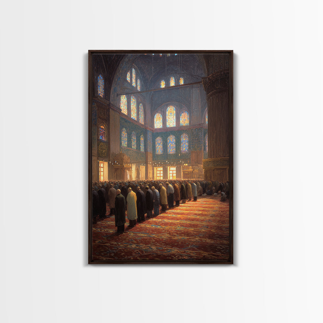 Crowded Mosque Worshippers Prayer Scene Religious Painting Wall Art Canvas Print For Home