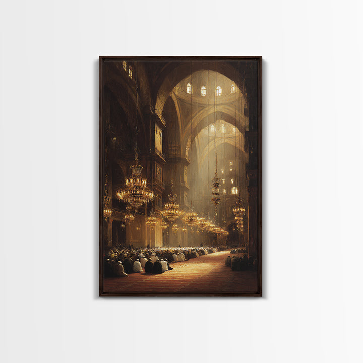 Majestic Mosque Interior With Warm Golden Light And Praying Crowd Religious Wall Art Perfect Home Decor