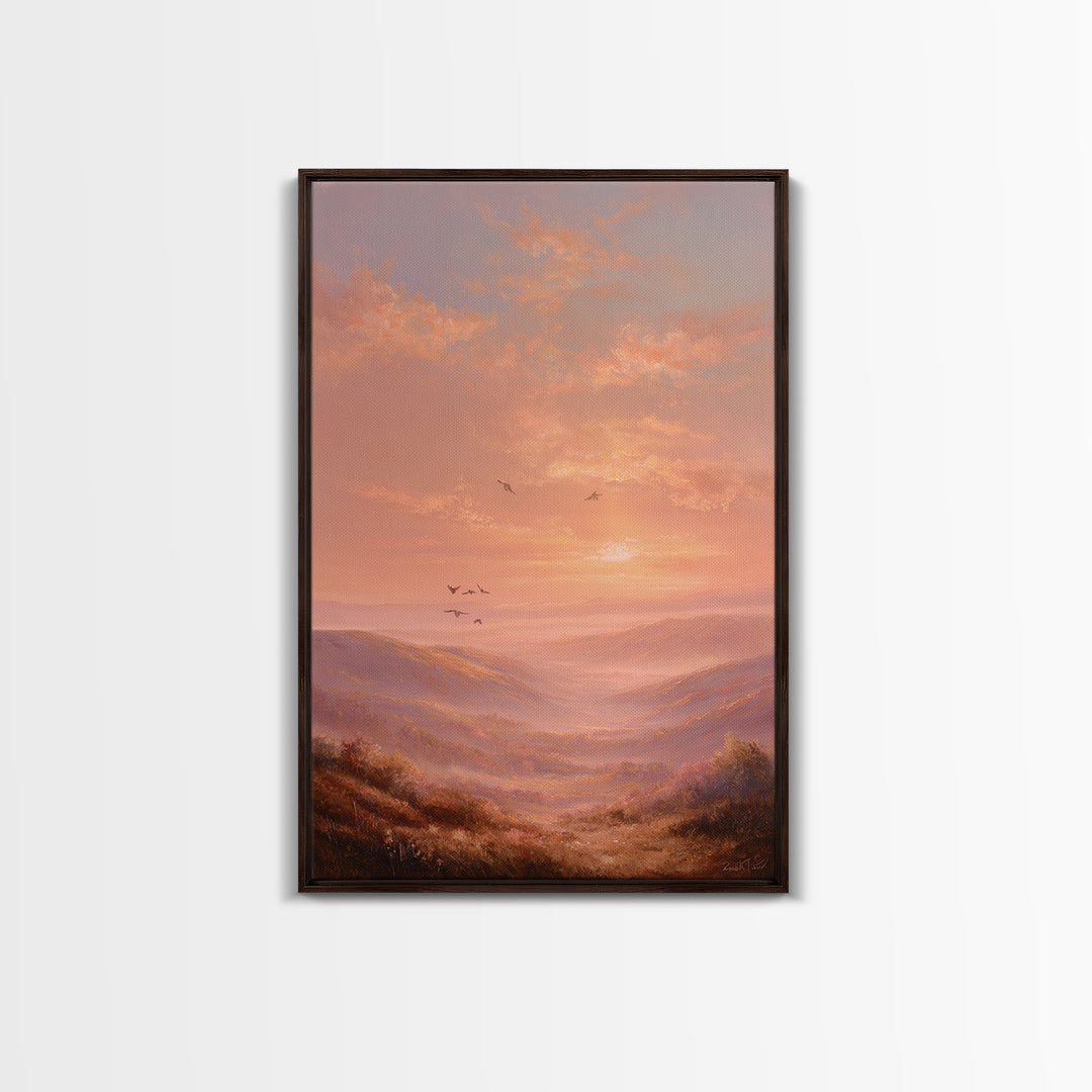 Golden Sunset Mountain Valley With Birds Framed Canvas Print, Landscape Wall Art, Warm Nature Decor, Living Room Wall Decor