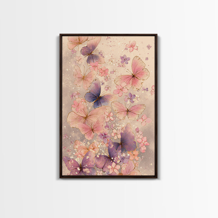 Pink And Purple Butterflies With Tiny Blossoms Framed Canvas Print, Feminine Wall Art, Butterfly Art Print, Nursery Decor