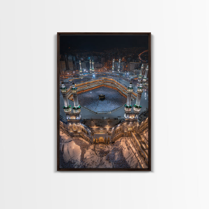 Aerial Nighttime View Of Mecca Holy Mosque And Kaaba Islamic Spiritual Artwork Large Wall Art Framed Canvas Print For Home Decor