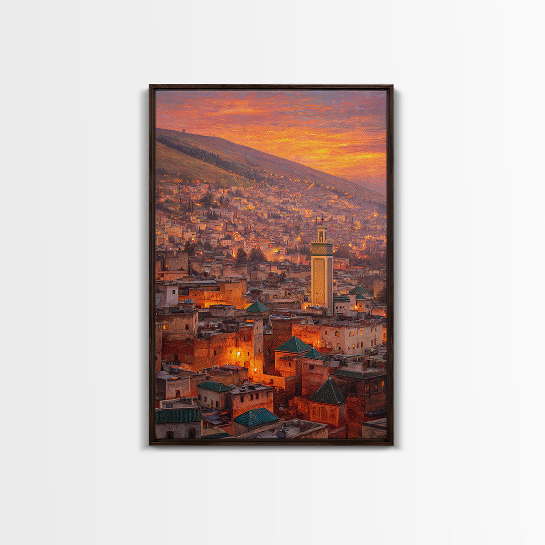 Sunlit Moroccan Cityscape At Dawn With Vibrant Orange Hues And Traditional Green Tiled Roofs Wall Art