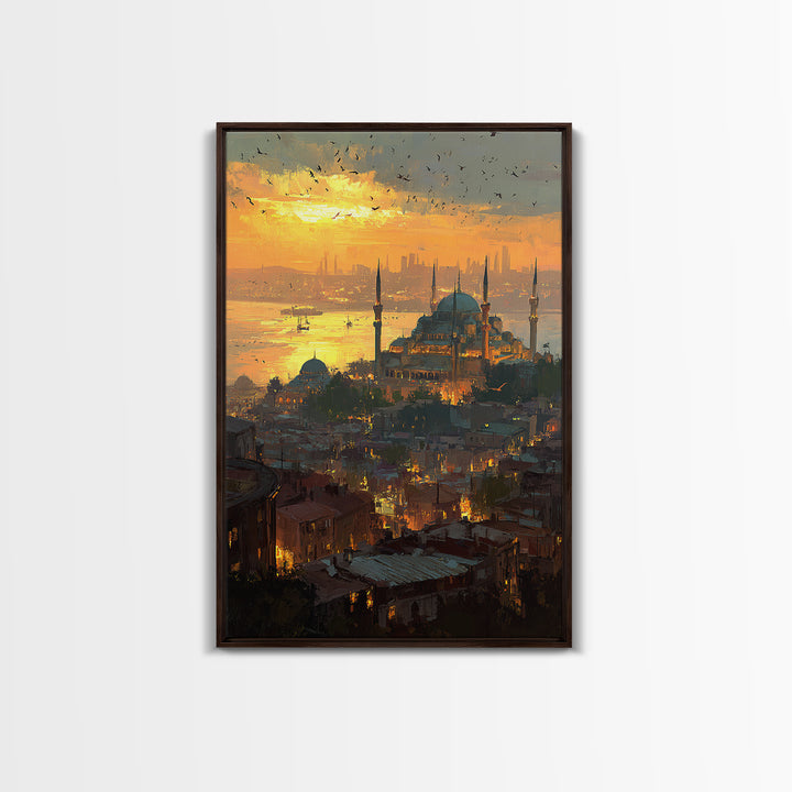 Sunset Cityscape With Mosque And Glowing Skyline Vibrant Fine Art Canvas Print For Urban Wall Decor