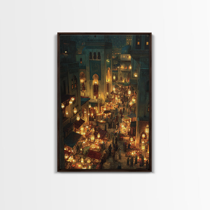 Bustling Middle Eastern Market At Night Glowing Lanterns Exotic Bazaar Wall Art Framed Canvas Print For Decor