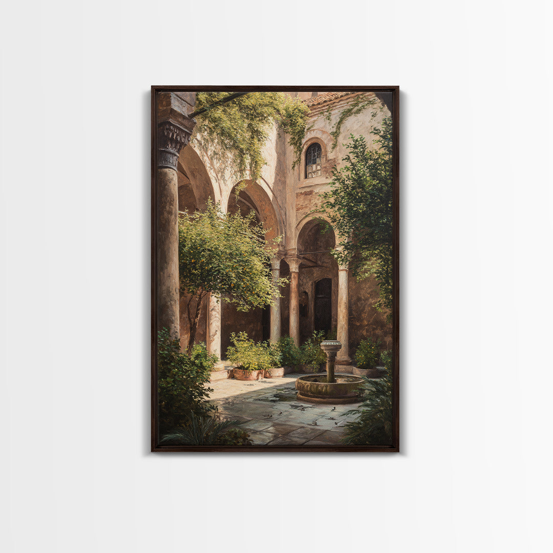 Sunlit Mediterranean Courtyard Garden Wall Art Framed Canvas Print For Rustic Home Decor