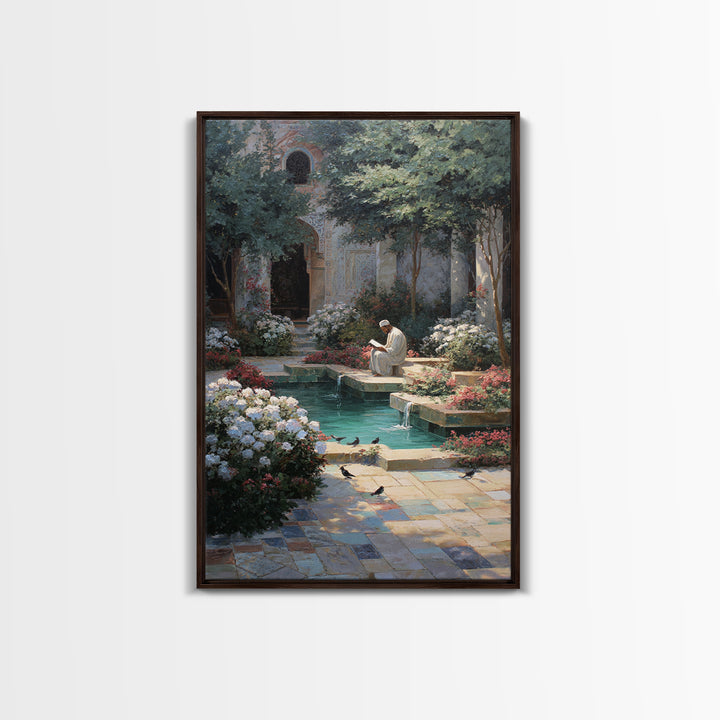 Serene Islamic Courtyard With Reflective Pool And Reading Man Oriental Framed Canvas Print Elegant Wall Art For Sophisticated Home