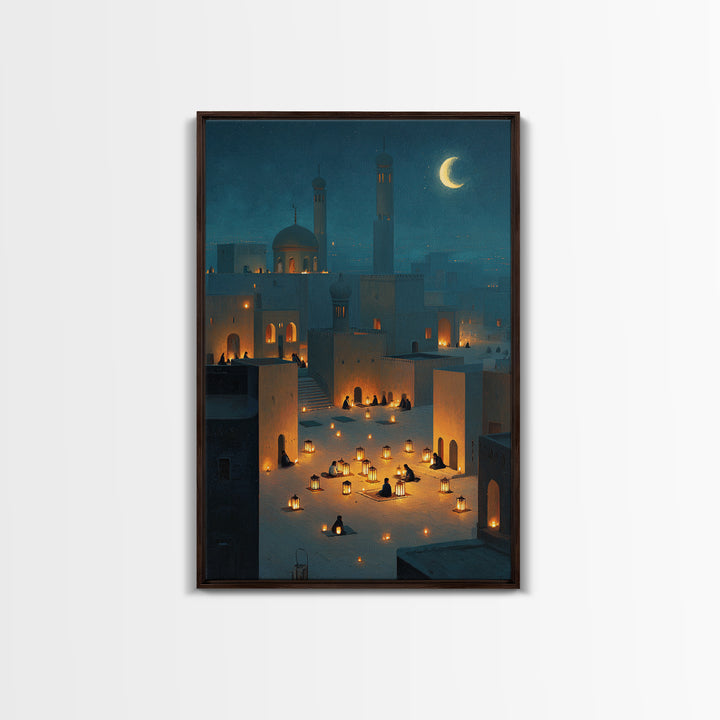 Peaceful Lantern Lit Desert Scene With Blue Twilight Desert Night Wall Art Framed Canvas Print For Bedroom