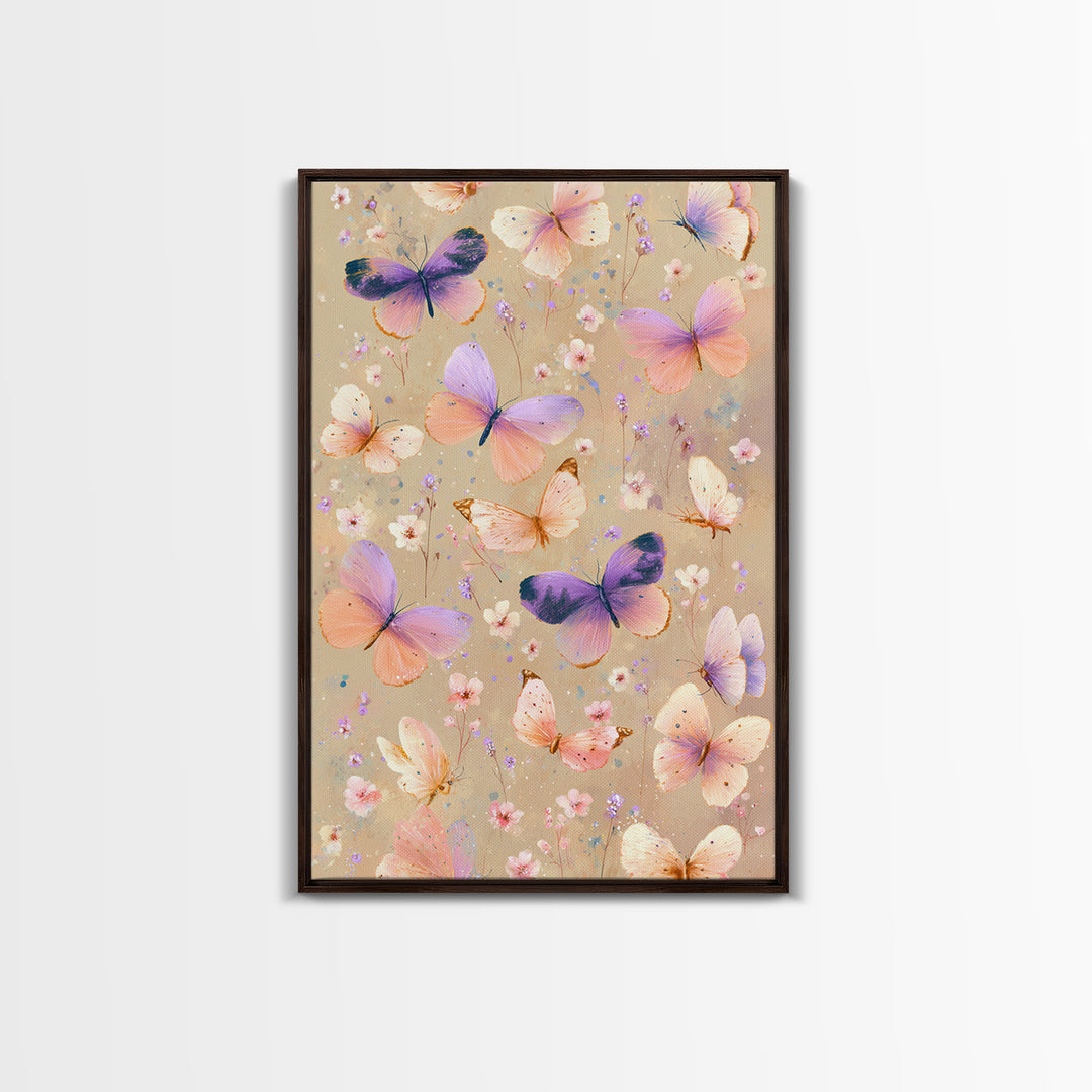 Pastel Butterflies And Wildflowers On Beige Canvas Print, Whimsical Wall Art, Girls Room Decor, Colorful Nursery Art Gift