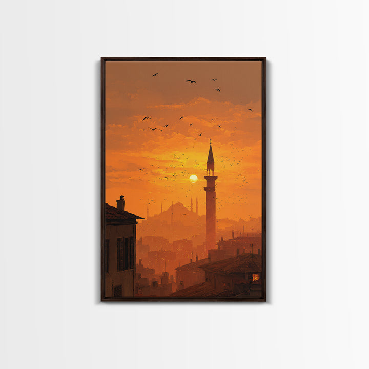 Golden Hour Sunset Over Cityscape With Birds Flying Wall Art Canvas Print For Warm Home Decor And Relaxing Living Room