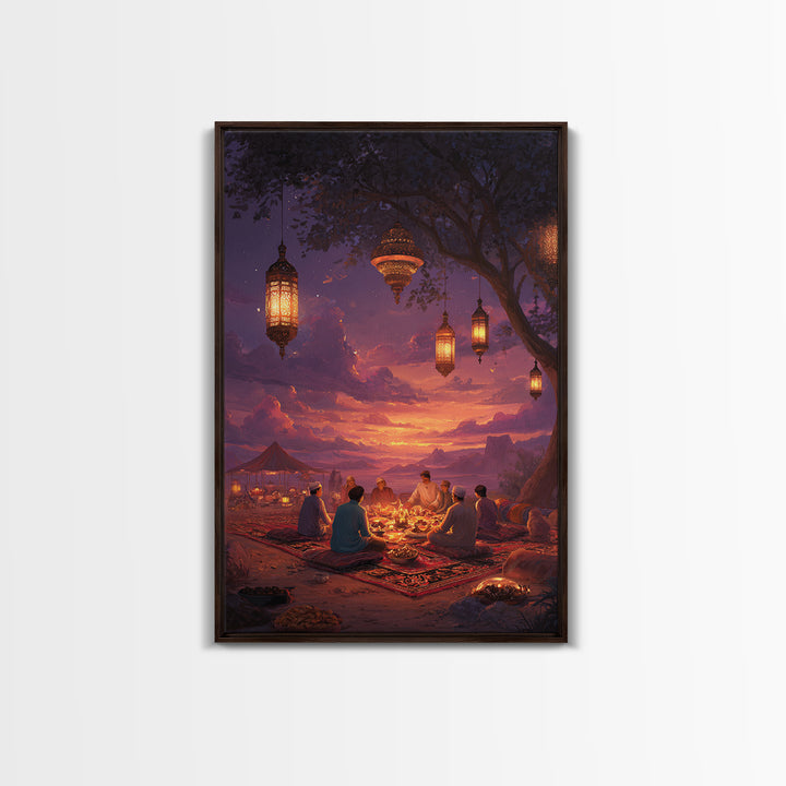 Illustrated Lanterns Night Scene Moroccan Style Wall Art Boho Home Decor Framed Canvas Print