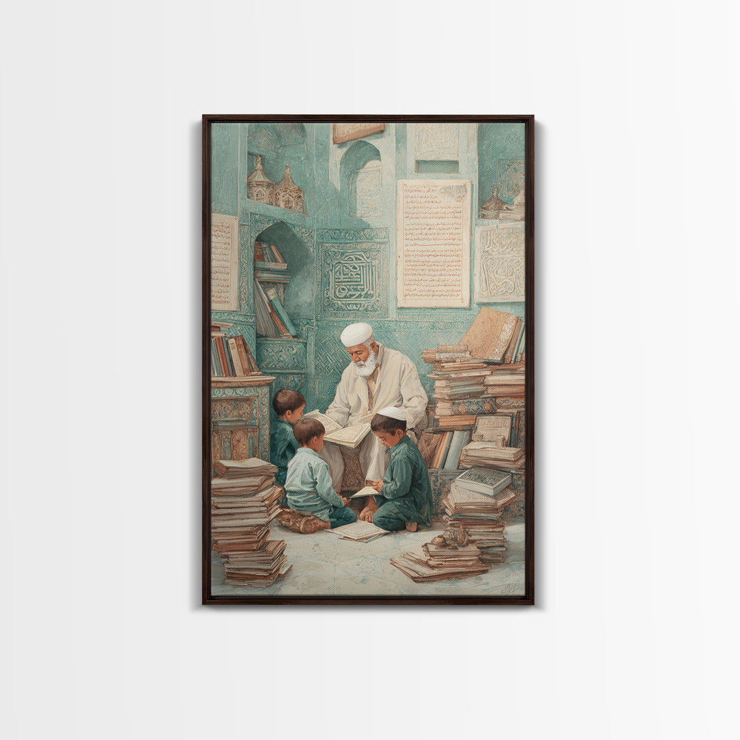 Traditional Islamic Learning Scene With Elderly Teacher And Students Wall Art Framed Canvas Print For Home Decor