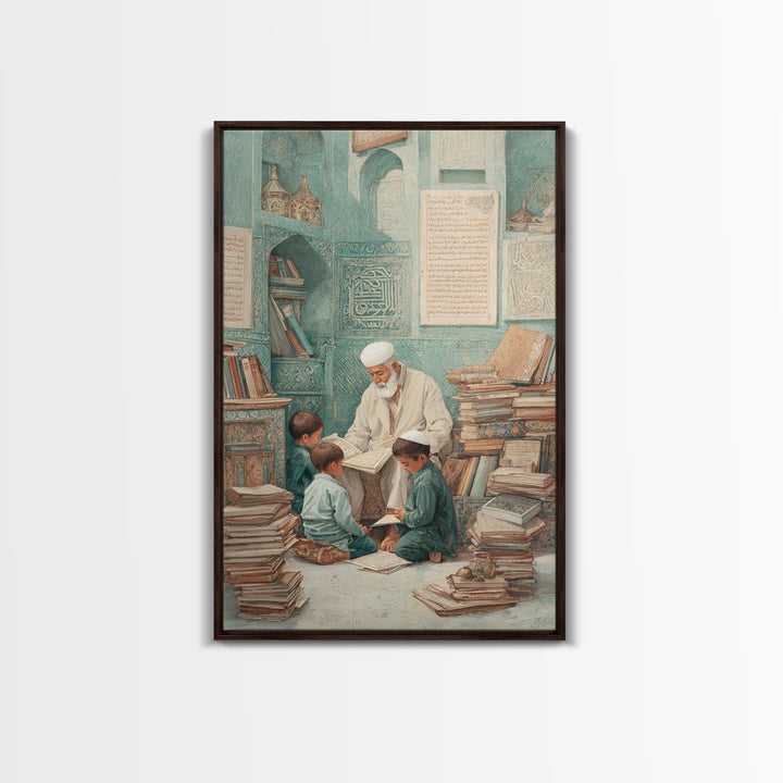 Traditional Islamic Learning Scene With Elderly Teacher And Students Wall Art Framed Canvas Print For Home Decor