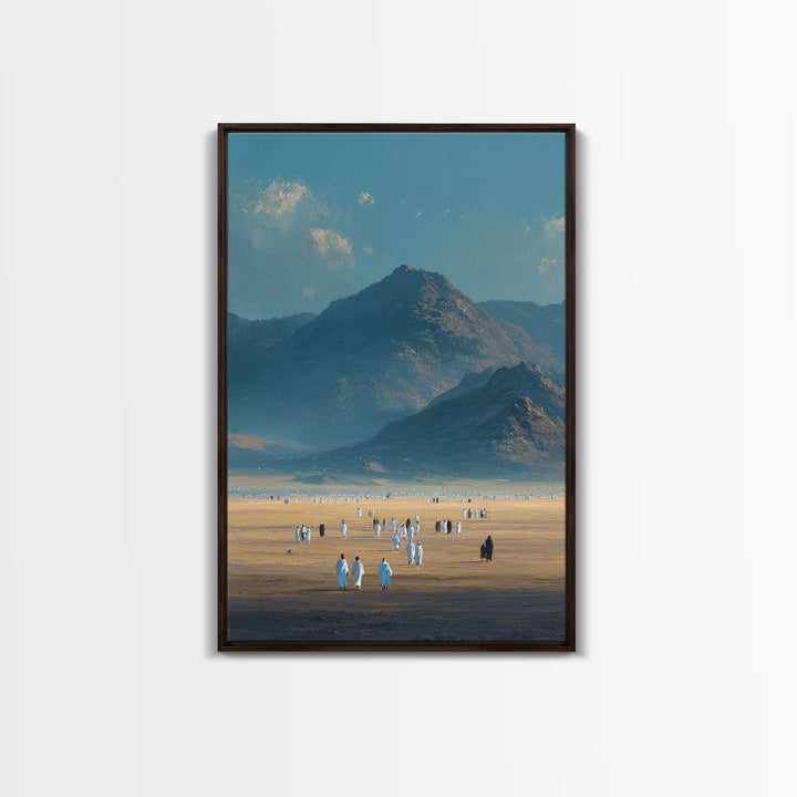 Expansive Desert Landscape With People Traveling Artistic Wall Art Framed Canvas Print For Minimalist Rustic Home Decor