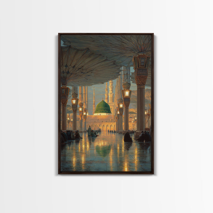 Historic Mosque Interior Painting With Ornate Architecture And Worshippers Canvas Print Wall Art For Spiritual Home Decor