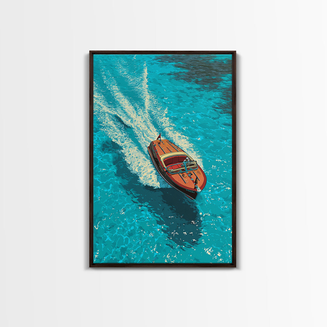 Classic Wooden Speedboat Zooming Through Deep Blue Water - Vibrant Canvas Print For Coastal Wall Art