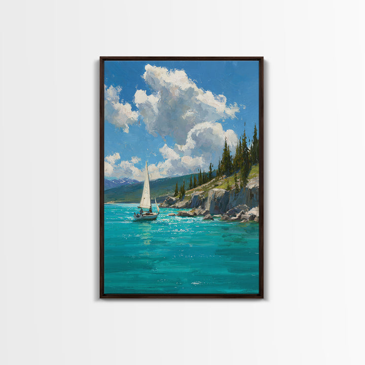 Serene Mountain Lake Sailing Scene Oil Painting Canvas Print For Calm Living Room Decor And Nautical Wall Art