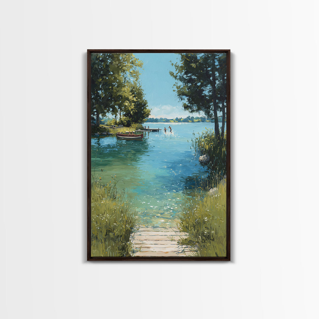 Peaceful Summer Lake Scene With Canoe And Children Splashing Wall Art Serene Landscape Framed Canvas Print Nature Decor