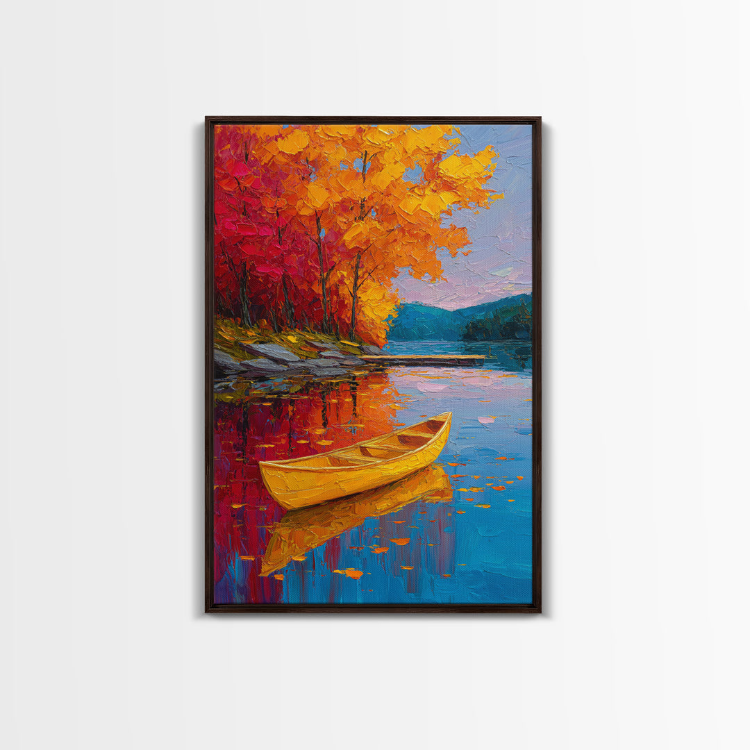 Vibrant Autumn Lake Scene With Yellow Canoe And Colorful Trees Wall Art Framed Canvas Print Fall Landscape Home Decor