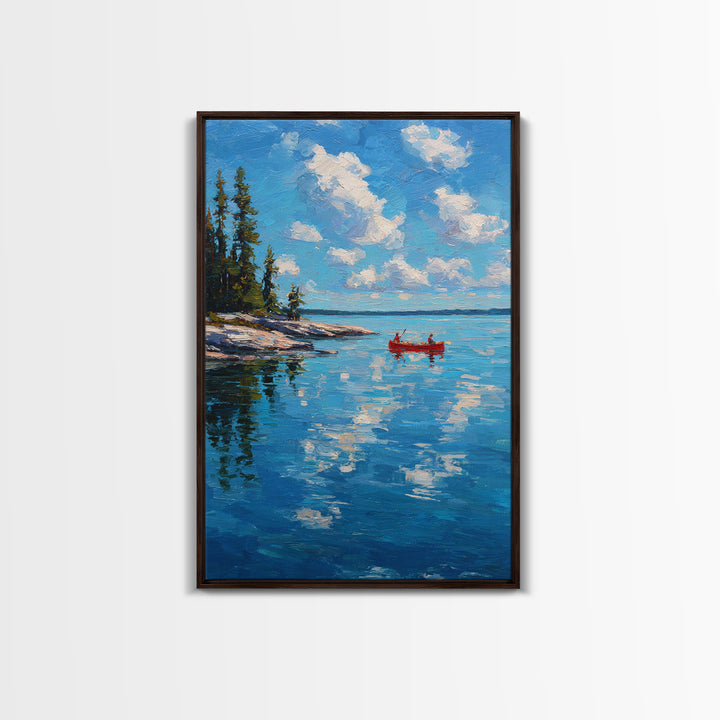 Pristine Lake Scene With Canoe And Pine Trees Under Blue Sky Captured In Classic Impasto Oil Painting