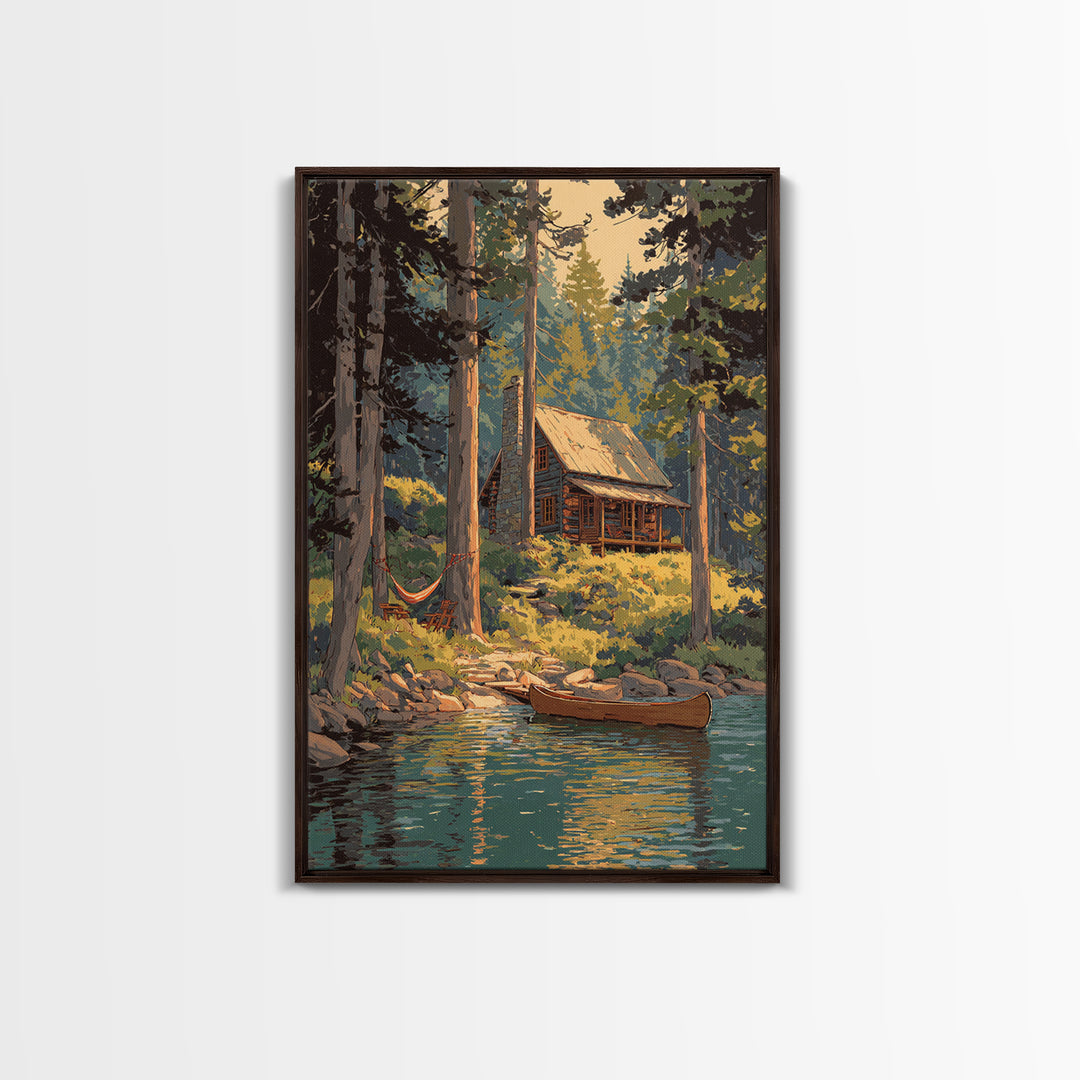 Cozy Log Cabin In Forest Landscape Painting Wall Art Boho Rustic Canvas Print For Cabin And Farmhouse Home Decor