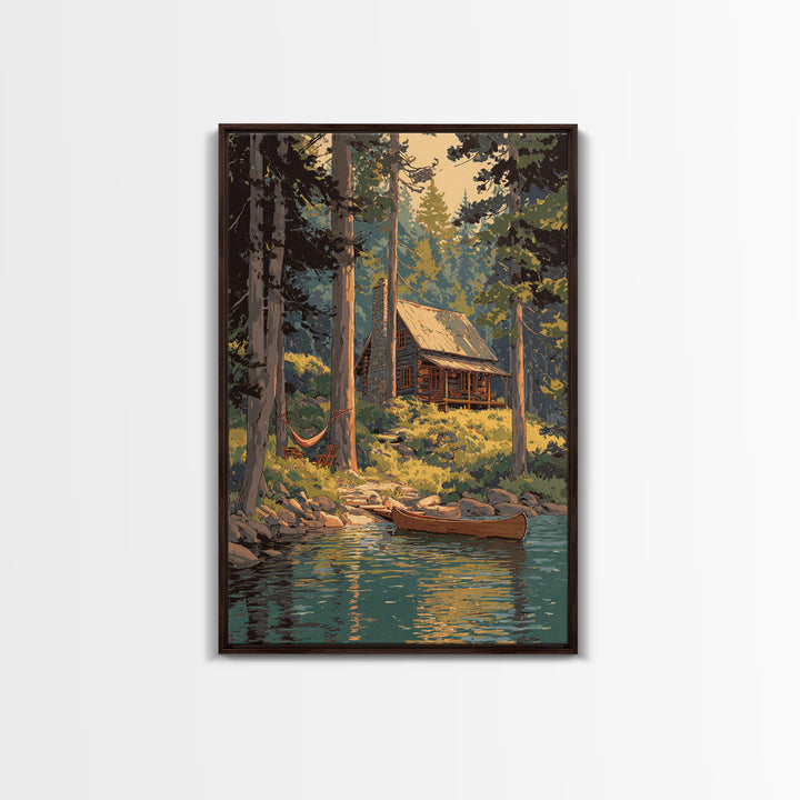 Cozy Log Cabin In Forest Landscape Painting Wall Art Boho Rustic Canvas Print For Cabin And Farmhouse Home Decor