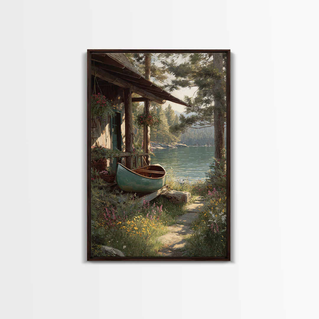 Peaceful Lakeside Cabin With Canoe Surrounded By Wildflowers Wall Art Framed Canvas Print For Rustic Home Decor