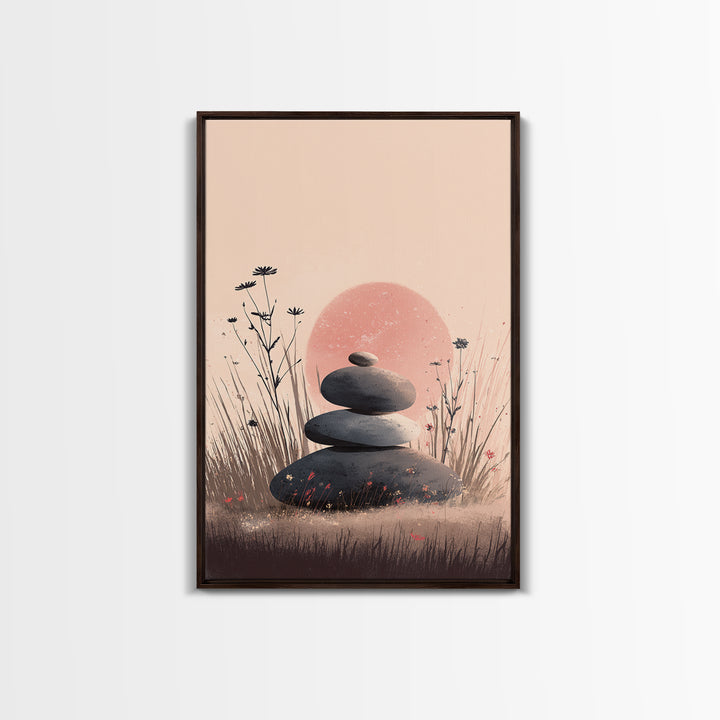 Stacked Zen Stones In Blush Grass Framed Canvas Print, Meditation Wall Art, Spa Wall Decor, Calming Minimalist Art, Peaceful Home Decor