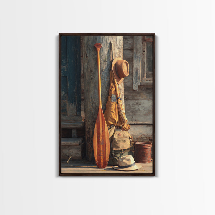 Rustic Outdoorsy Still Life With Wood Paddle, Hiking Gear, And Hats Vintage Style Canvas Print For Cabin