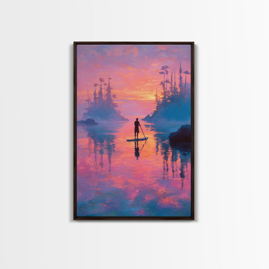 Sunset Paddleboarder On Calm Water Pink And Purple Sky Landscape Wall Art Canvas Print For Tranquil Bedroom And Living Room