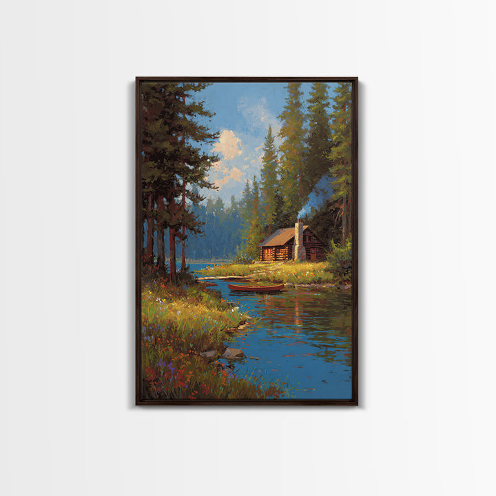Cozy Cabin By Peaceful River Landscape Painting Canvas Print Natural Wall Art Decor Framed Canvas Print