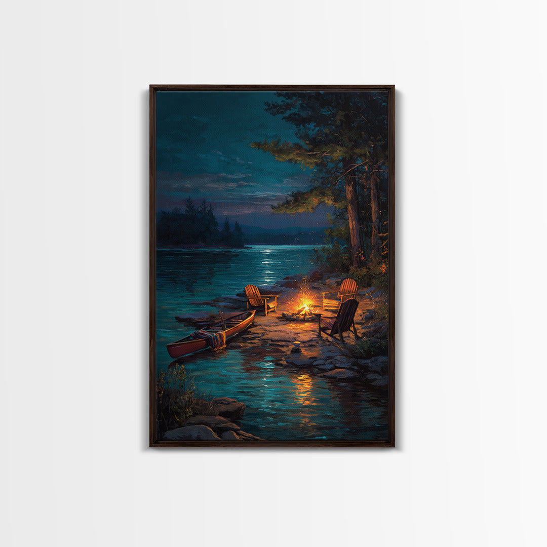 Peaceful Lakeside Campfire Scene Painting Wall Art Featuring Canoe And Adirondack Chairs Perfect For Cozy Living Room Decor