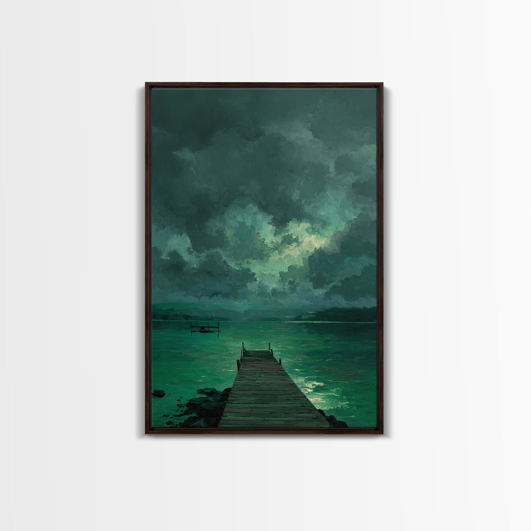 Moody Dock On Lake Under Stormy Sky Green Tones Abstract Wall Art Canvas Print Home Decor