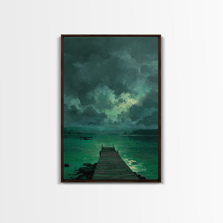 Moody Dock On Lake Under Stormy Sky Green Tones Abstract Wall Art Canvas Print Home Decor