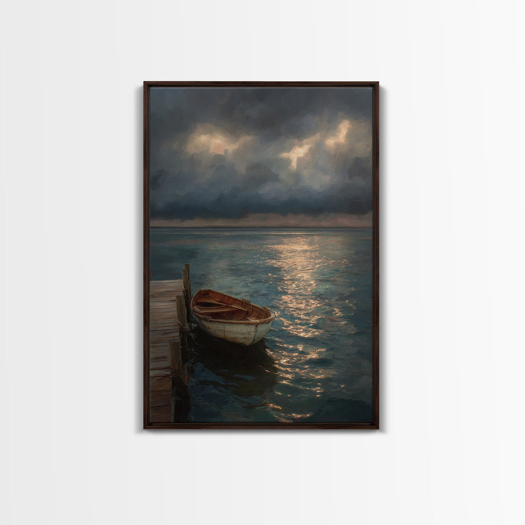 Serene Boat At Dock Under Dramatic Cloudy Sky Sunset Seascape Canvas Print For Coastal Living Room Decor Wall Art
