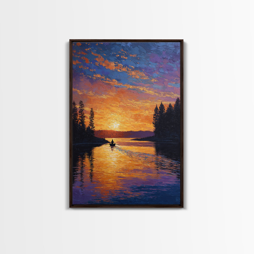 Vibrant Sunset Over Peaceful Lake With Lone Boatman Silhouette Wall Art Framed Canvas Print For Living Room Decor