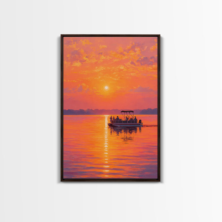 Sunset Boat On Calm Water Painting With Vibrant Orange Hues Capturing Peaceful Twilight Scene Large Wall Art Canvas Print For Living Room Decor And Gift