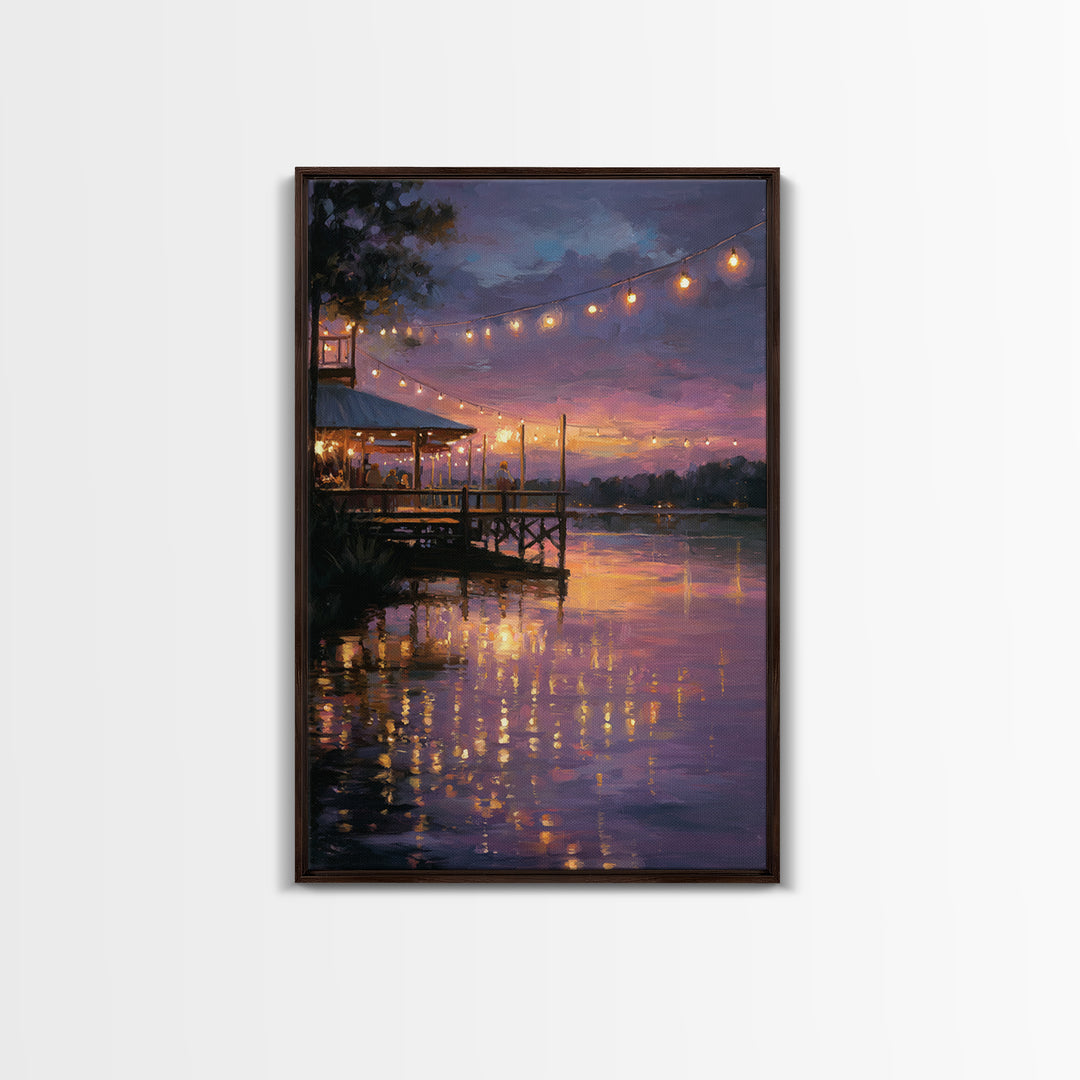 Sunset Pier Scene With Soft Glow And String Lights Romantic Evening Canvas Print Wall Art For Dining Room Living Room And Home Decor