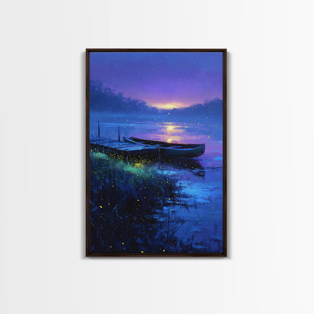 Serene Twilight Lake With Boats Painting Canvas Print Wall Art For Relaxing Home Decor Or Office Space Accent