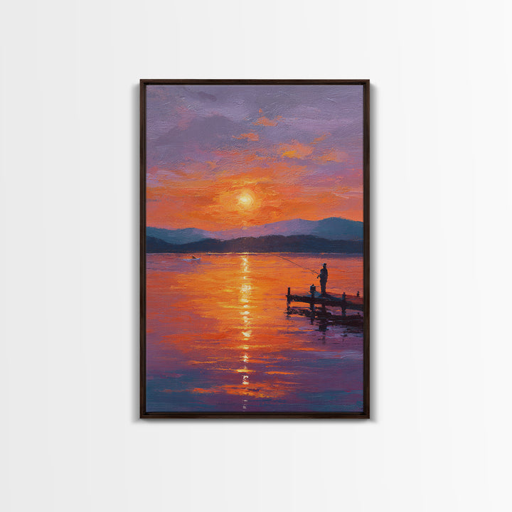Peaceful Sunset Fishing Oil Painting Wall Art Framed Canvas Print For Living Room Decor And Rustic Home