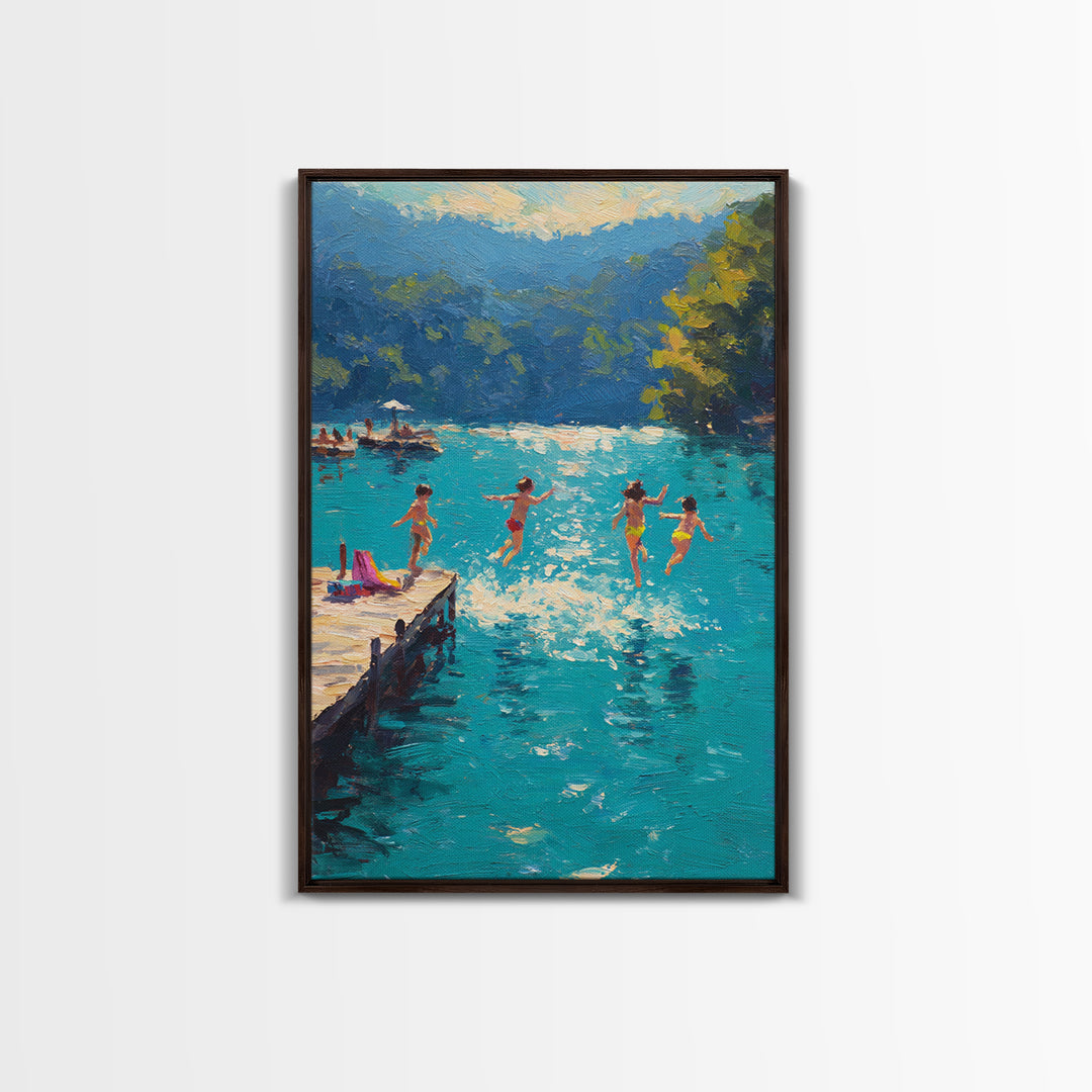 Children Jumping Into A Lake Summer Scene Painting Fine Art Canvas Print Relaxing Wall Art Decor